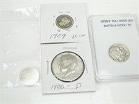 Coin Lot - 1909 Dime, Buffalo Nickel, Half Dollar