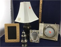 Picture Frames and Metal Lamp and Sugar Shaker