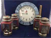 Large Battery Clock and 4 Vintage Oil Lamps