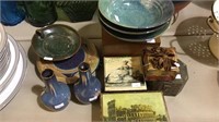 7 pieces of handmade pottery, and 4 boxes, (639)