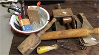 Lots of kitchen items including rolling pin,
