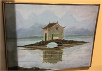 Original oil painting on board pagoda on the
