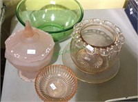 Four pieces of pink glass, green glass bowl,