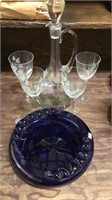 Large blue glass ashtray, glass decanter with 4