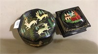 Two small hand painted wooden boxes,  one Russian