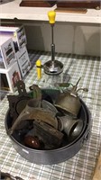 Two cake pans, with a vintage food chopper, meat