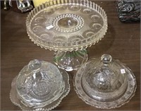 Pressed glass cake stand, two covered butter