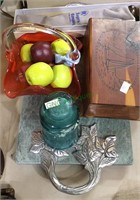Green marble tray, sailboat cedar box,
