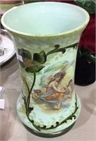 Large antique green glass vase with hand painted