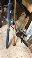 Three fishing reels with rods, with sinkers &
