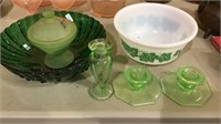 Green glass bowl,  candlesticks, perfume bottle