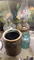 Two glass oil lamps, one ball jar, 1 gallon