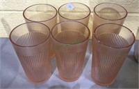 Set of six pink depression glass tall glasses,