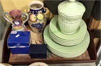 Serving tray with 11 pieces of green China, two