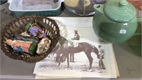 Green pottery teapot, racing horse prints, old