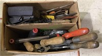 Box lot of tools, hand files, staple gun, tire