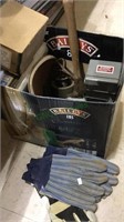 Box lot of sandpaper, round and square, tools,