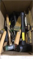 1 box lot, Filled with chisels, folding rulers,
