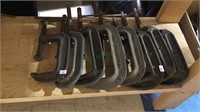 Group of eight metal C clamps, most are six inch,