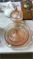 3 pieces of pink Mayfair Depression glass, covered