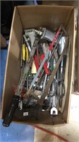 Box lot of tools,  including wrenches,  wire