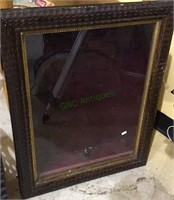 Old glass front display box, burgundy velvet