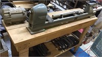 Wood lathe by Dunlap on a handmade wooden bench