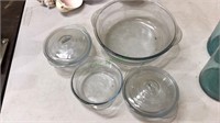 For light blue glass fire king bowls, two small 5