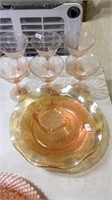 Nine pieces of depression glass, includes 6 wine