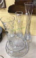Five pieces of pressed glass, three flower vases,