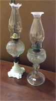 Two antique oil lamps, both with shades, one with