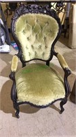 Green velvet Victorian gothic arm chair, on nice