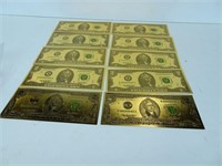 Ten 24k Gold Plated Novelty $2 Bills