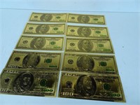 Ten 24k Gold Plated Novelty $100 Bills