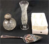 PERFUME BOTTLE, VASE, CAKE PLATE, S&P SHAKERS