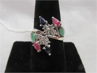 STERLING EMERALD, SAPPHIRE AND RUBY RING SZ 8.5