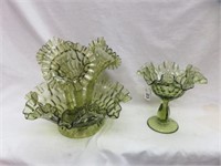 2PC FENTON GREEN GLASS EPERGNE AND COMPOTE 9"T