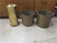 3PC BRASS AND COPPER PLANTERS AND STICK STAND