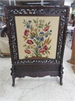 ANTIQUE ORNATELY CARVED NEEDLEPOINT FIRESCREEN