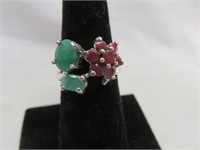 STERLING RUBY AND EMERALD RING SZ 7.5