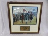 FRAMED CONFEDERATE PRINT WITH A 1864 TEN DOLLAR