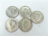 Five Kennedy Silver Half Dollars (1964)