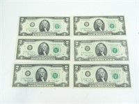 Six 1976 $2.00 Bills