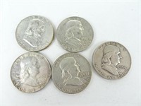 Five Franklin Silver Half Dollars