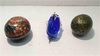 2 HAND PAINTED EGGS + GLASS DOLPHIN