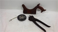 Vintage handsaw, measuring tape, & hand tool