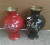 Metal & enamel Oriental vases, 8 inches tall
