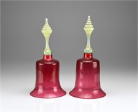 Two cranberry glass Victorian wedding bells