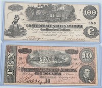 2-CIVIL WAR CONFEDERATE NOTES, $100 & $10