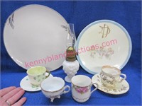 hand painted plate -demitasse cups - sm. oil lamp